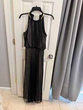 MSK Black Metallic Halter Maxi Dress with Gold Accent Straps